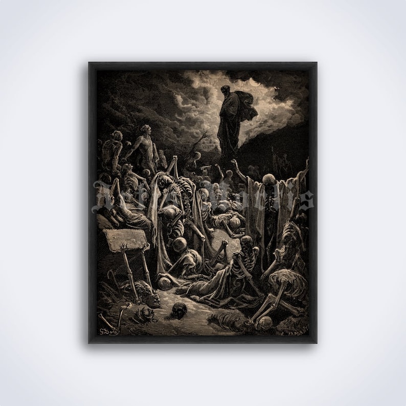 Valley of Dry Bones Prophet Ezekiel visions, The Bible illustration by Gustave Dore, dark art, print, poster DIGITAL DOWNLOAD image 1