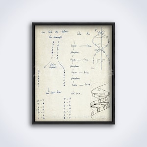 Francis Crick e James Watson, schizzo di diagramma della struttura del DNA, stampa, genoma, biologia molecolare, arte scientifica, poster (DOWNLOAD DIGITALE)