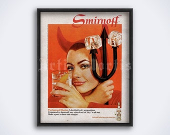 Vintage vodka advertisement poster, retro bar decor, classic ad print, art for party, sexy devil, advertising print (DIGITAL DOWNLOAD)