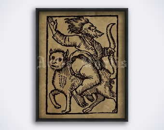 Sorcerer on the cat, witchcraft, black magic, sabbath – medieval woodcut art print, poster (DIGITAL DOWNLOAD)
