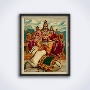 Shiva, Parvati y Ganesha en el Monte Kailas - arte de la mitología hindú, Shivaísmo, Tantra, decoración india, impresión vintage, póster (DESCARGA DIGITAL)