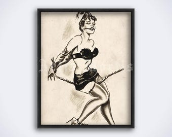 Submissive girl with gag ball, vintage fetish art, bondage, shibari illustration, kinky retro decor, print, poster (DIGITAL DOWNLOAD)