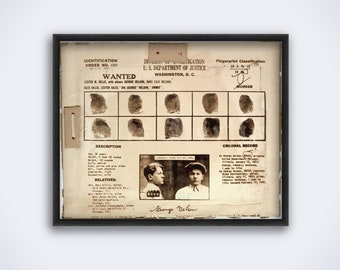 Baby Face Nelson vintage wanted poster with fingerprints - bank robber Lester Gillis, outlaw, gangster, crime print (DIGITAL DOWNLOAD)