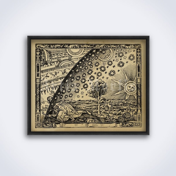 Grabado de Flammarion – mapa medieval de la tierra plana, impresión de cosmogonía antigua, póster (DESCARGA DIGITAL)
