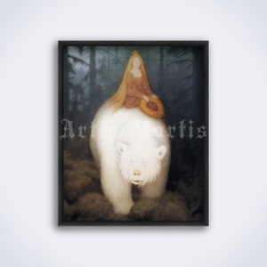 May include: A painting of a woman with long blonde hair wearing a crown and a brown dress riding a white polar bear through a dark forest.
