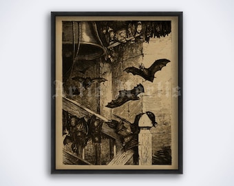 Bats flying around the bells - vintage zoology art, natural history, night animals, gothic decor, print, poster (DIGITAL DOWNLOAD)