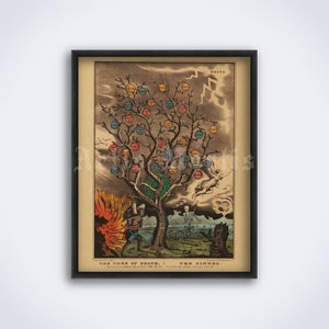May include: A vintage illustration depicting a tree with branches laden with colorful fruits. The tree is surrounded by flames and a skeletal figure. The text "The Vale of Death - The Sinner" is at the bottom of the image.
