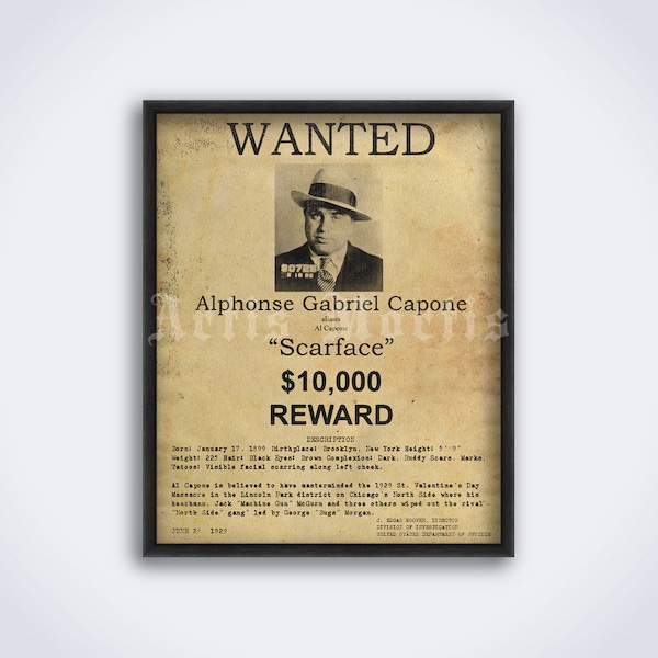 Al Capone Scarface vintage Wanted poster, gangster, mafia boss, crime print (DIGITAL DOWNLOAD)