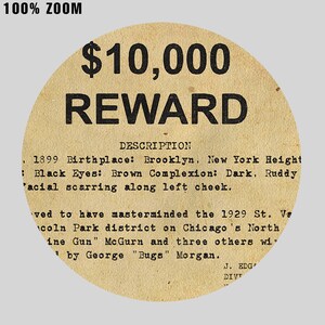 May include: A vintage wanted poster offering a &pound;10,000 reward for information leading to the capture of a suspect. The poster includes a description of the suspect, including their birthplace, physical characteristics, and alleged involvement in a 1929 crime.