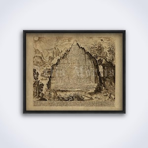 Könnte beinhalten: Ein antiker gerahmter Druck mit Sepia-Tönen, der eine Landschaft und Text zeigt. Das Kunstwerk zeigt eine bergähnliche Struktur voller Text, vor einer detaillierten Landschaft. Der Rahmen ist schwarz.