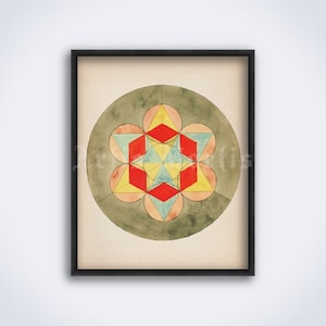 Könnte beinhalten: Ein geometrisches Design mit einem roten, gelben und blauen Stern in der Mitte, umgeben von einem Kreis aus rosa und gelben Dreiecken. Das Design ist auf einem grünen Hintergrund.