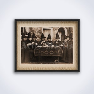 Witches tea time – antique photo, retro Halloween decor, old witch, vintage tea party, print, photography, poster (DIGITAL DOWNLOAD)