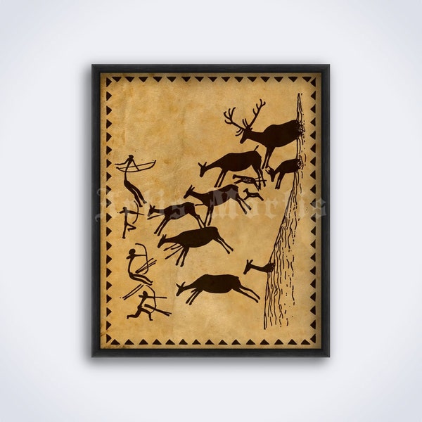 Ancient hunting, hunters, animals, elk, rock painting, pagan, tribal, ethno art, print, poster (DIGITAL DOWNLOAD)