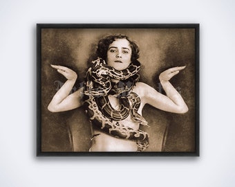 Snake charmer with python wrapping around the neck - vintage photo, circus, show, performance, retro print, poster (DIGITAL DOWNLOAD)