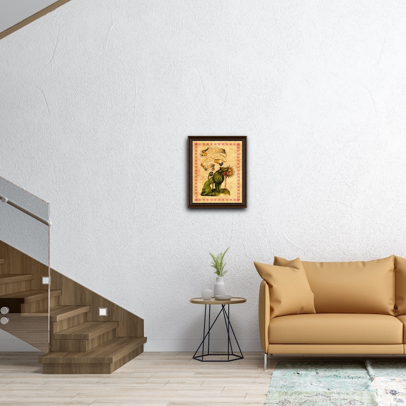 Peut inclure: Une illustration botanique encadr&eacute;e d'un tournesol avec une tige et des feuilles vertes. L'arri&egrave;re-plan est un papier parchemin de style vintage avec une bordure rouge.