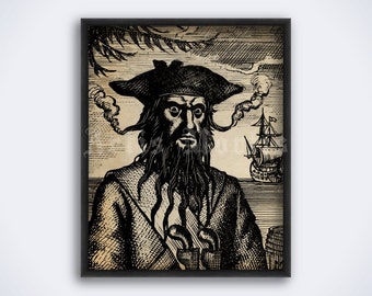 Pirate Blackbeard portrait, Captain Edward Teach, Caribbean sea pirates, nautical crime, robber, print, poster (DIGITAL DOWNLOAD)