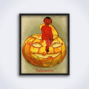Diablo sentado en la calabaza tallada – arte de postal vintage de Halloween, Jack o'lantern, demonio, tarjeta de felicitación, impresión, póster (DESCARGA DIGITAL)