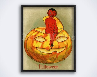 Vintage Halloween Devil Pumpkin Art Print (Digital Download)