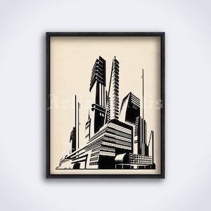 May include: Black and white illustration of a futuristic city skyline with tall buildings and geometric shapes.