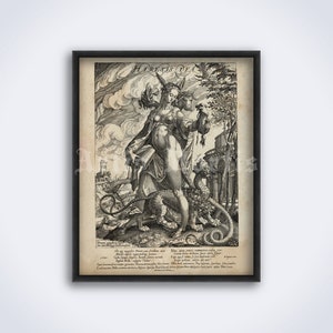 Könnte beinhalten: Eine Schwarzweiß-Vintage-Gravur einer Frau, die auf einem Drachen steht. Die Frau hält ein Buch und eine Schlange. Die Gravur trägt den Titel "Heres is Dea."