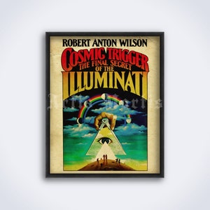 May include: A vintage book cover with a yellowed background featuring a hand holding a compass over a pyramid with an all-seeing eye. The text reads "Cosmic Trigger: The Final Secret of the Illuminati" by Robert Anton Wilson.