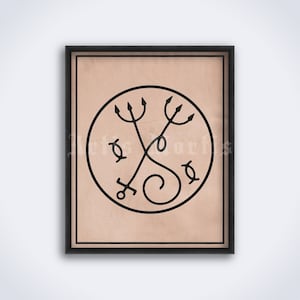May include: A black and white print of a sigil with three tridents and a circle around it. The sigil is on a light brown background and is framed in black.