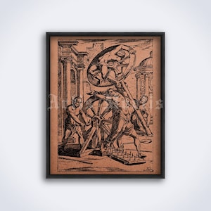 May include: A black and white illustration of four men working together to turn a large wheel. The men are dressed in simple clothing and are working in a courtyard setting. The wheel is attached to a wooden frame and is being turned by a crank.