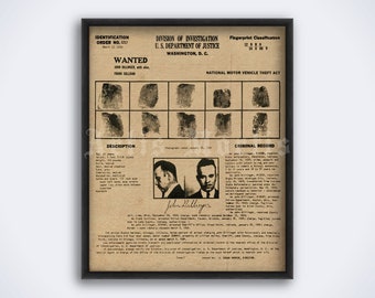 John Dillinger fingerprints, criminal record, wanted poster, mugshot - gangster, bank robber, true crime art print (DIGITAL DOWNLOAD)
