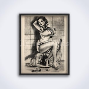 May include: A black and white drawing of a woman sitting on a man's back. The woman is wearing a white vest top and a towel around her neck. The man is lying on his stomach with his head turned to the side. There are tennis balls on the floor.
