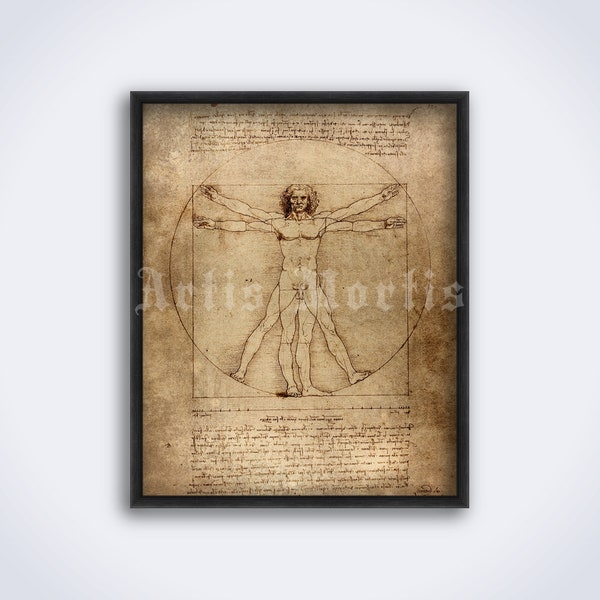 Dibujo del Hombre de Vitruvio por Leonardo Da Vinci, manuscrito, impresión renacentista, póster (DESCARGA DIGITAL)