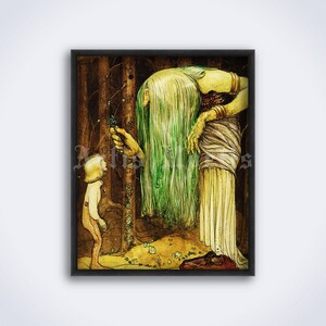 Green Hair Witch with Magic Herb – John Bauer art, Swedish fairytale illustration print, poster (DIGITAL DOWNLOAD)