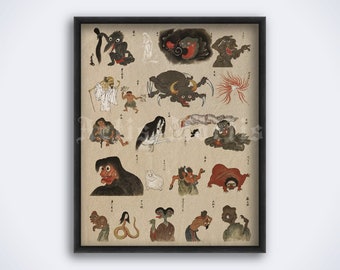 Bakemono Zukushi - Japanese monsters scroll print, dark folk art, yokai, ghost, demons, creatures, Japan, horror poster (DIGITAL DOWNLOAD)