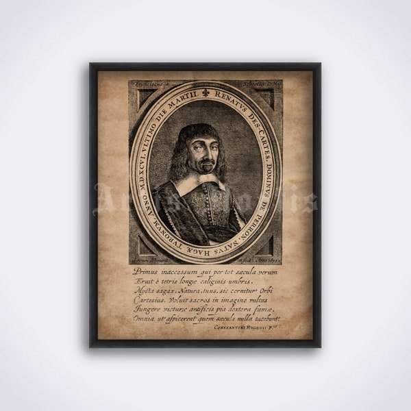 Principles of Philosophy by Rene Descartes title page, cogito ergo sum, portrait, vintage philosophy art print, poster (DIGITAL DOWNLOAD)