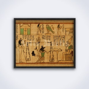 May include: An ancient Egyptian papyrus scroll depicting a scene of judgment in the afterlife. A jackal-headed god, Anubis, weighs the heart of a deceased person against a feather, while the god Osiris sits on a throne and observes. Hieroglyphic text surrounds the scene.