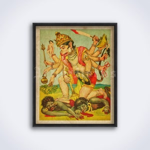 Hanuman killing Ravana demons - Hindu mythology art, Hinduism, Rama, monkey, Indian myth, vintage print, poster (DIGITAL DOWNLOAD)