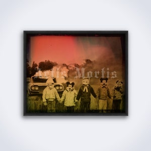 Children in masks burn the car, kids gang, vintage weird 1950s photo, vintage print, poster (DIGITAL DOWNLOAD)