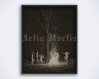 Naked witches dancing around the fire in the night forest vintage photo, wicca, coven, pagan ritual print, poster (DIGITAL DOWNLOAD)