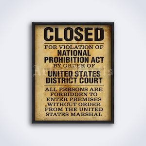 Prohibition Act Violation - Closed sign – vintage bar print, bootlegger poster (DIGITAL DOWNLOAD)