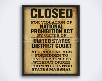 Prohibition Act Violation - Closed sign – vintage bar print, bootlegger poster (DIGITAL DOWNLOAD)