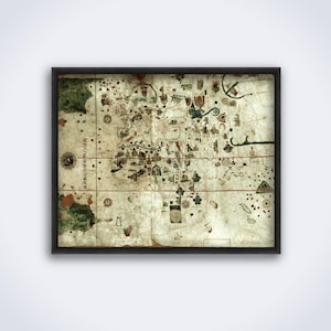 May include: Framed antique map with intricate details, featuring landmasses, coastlines, and illustrations. The map is aged with a parchment-like appearance, and is enclosed in a black frame. The map includes text and symbols, suggesting a historical or nautical theme.