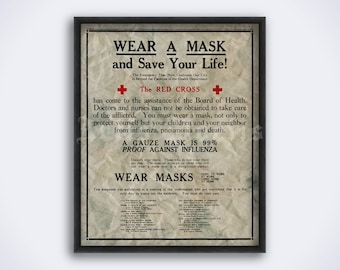 Wear a Mask - vintage The Red Cross poster, medicine history, Influenza epidemic, pandemic sign, health care print (DIGITAL DOWNLOAD)