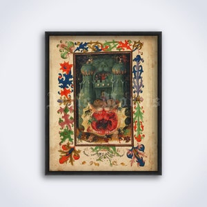 Puede incluir: Una ilustración vintage de un castillo verde con una boca monstruosa, rodeado de diseños florales coloridos. El castillo se representa como una boca abierta con dientes y un interior rojo. La imagen está enmarcada en negro.