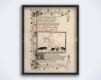 May include: A vintage illustration of a knight on horseback, surrounded by text in an old English font. The text reads "Here cudut the koke Gue prolling And Vejo berpumpeth me cale".