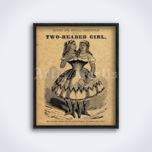 Two-Headed Girl, Siamese Twins vintage freak show poster, human oddities, vintage circus print (DIGITAL DOWNLOAD)