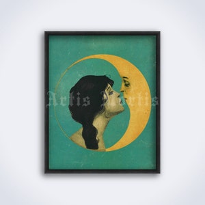 Girl kissing the moon - Dear Old Dixie Moon Song Cover Kunst, Retro Frau, Magie, Kuss, Vintage Druck, Poster (DIGITAL DOWNLOAD)