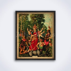 Durga fighting with demons - Hindu mythology art, Shakti goddess, Devi, Hinduism deity, Indian, vintage print, poster (DIGITAL DOWNLOAD)