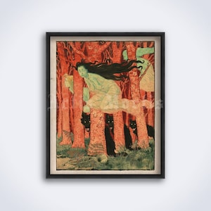 Three forest witches and wolves – Eugene Grasset dark art, ghost, witchy decor, magic trees, scary print, poster (DIGITAL DOWNLOAD)