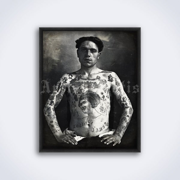 Tattooed prisoner vintage photo – retro tattoo art, prison, gangster, outlaw, true crime print, poster (DIGITAL DOWNLOAD)