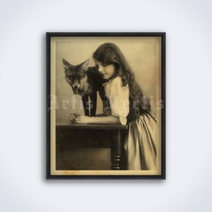 Girl with fox - Victorian era photo, unusual, weird, cute, pet art, Edwardian photography, retro decor, print, poster (DIGITAL DOWNLOAD)