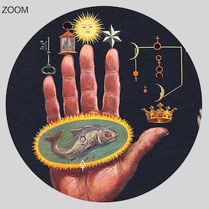 May include: A hand with a fish and symbols on the palm. The symbols include a sun, a star, a key, a lantern, a crown, and a crescent moon. The background is black.